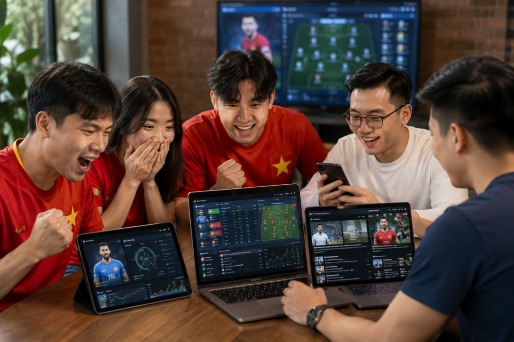 Vietnamese football fans following football transfer news on smartphones and laptops, with player statistics, transfer market analysis, and club negotiations displayed on digital screens.